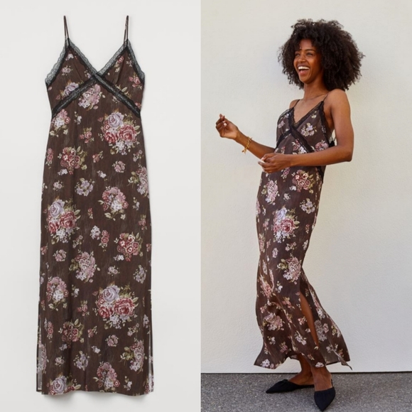 H&M Dresses Hm Brock Brown Floral Maxi Slit Lace Slip Dress Poshmark